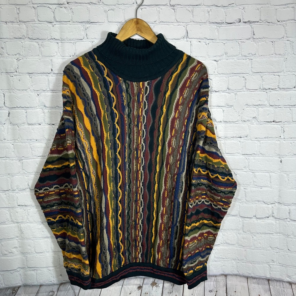 Coogi Australia Vintage 3D Knit Wool Sweater Mens Medium Multi Color Mock Neck